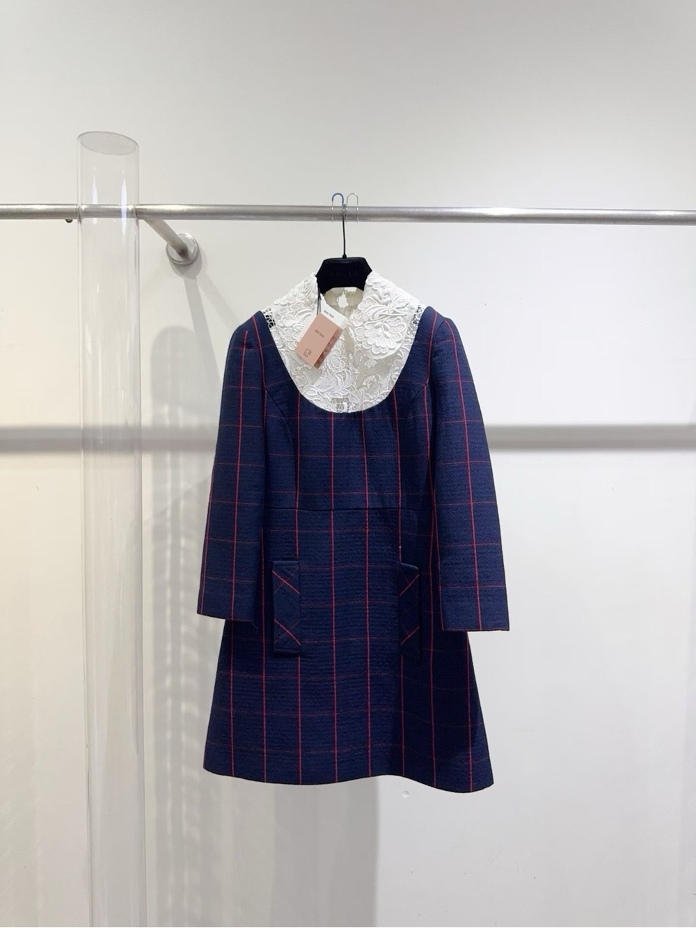 Miu Miu Navy Windowpane Coat with White Lace Collar